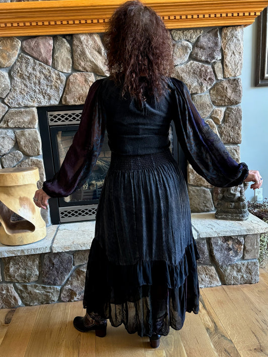 Boho Embroidered Ruffle Maxi Smocked Dress with Sheer Sleeve image 1