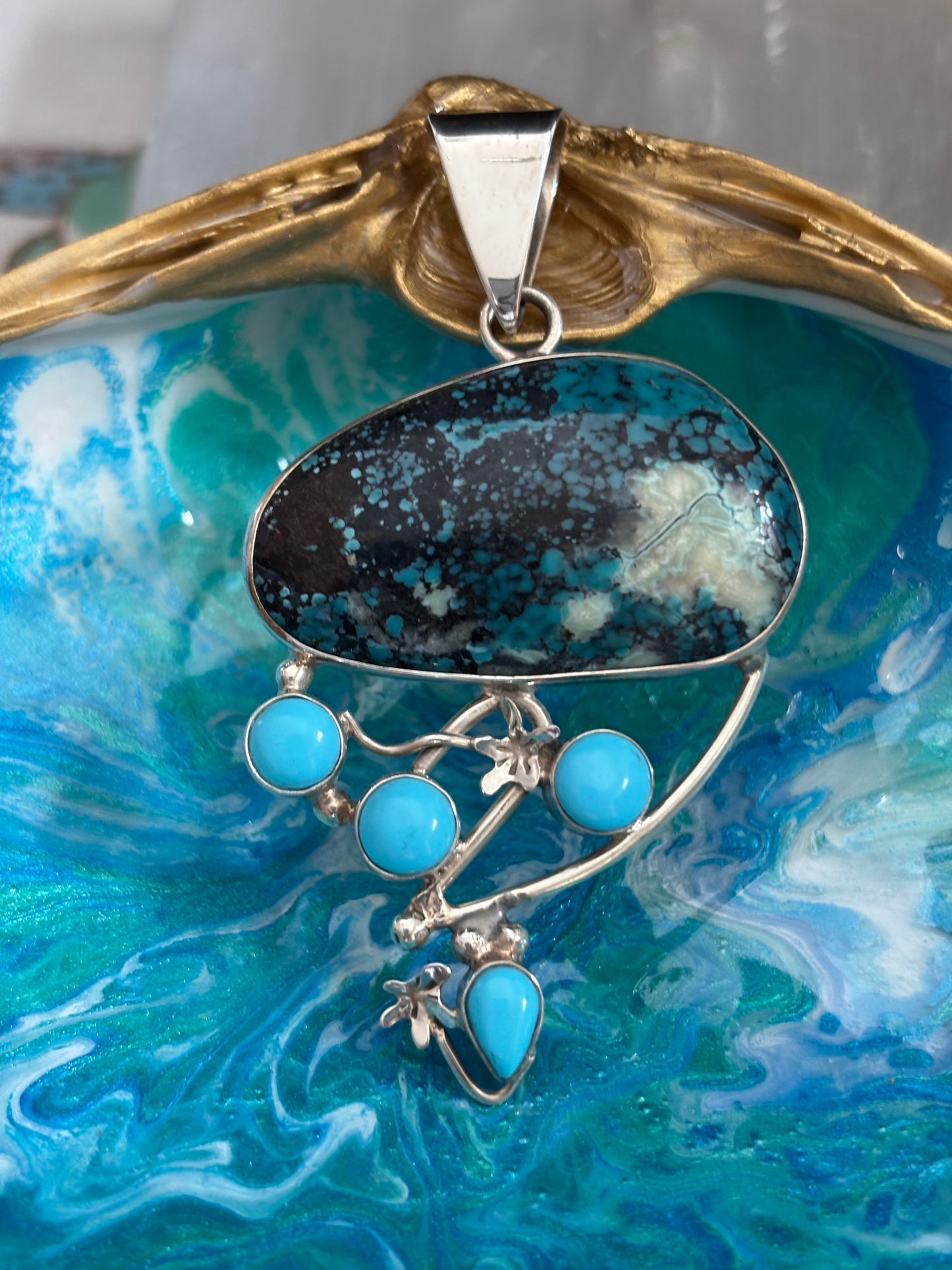 Azurite Malachite and Turquoise Pendant image 1