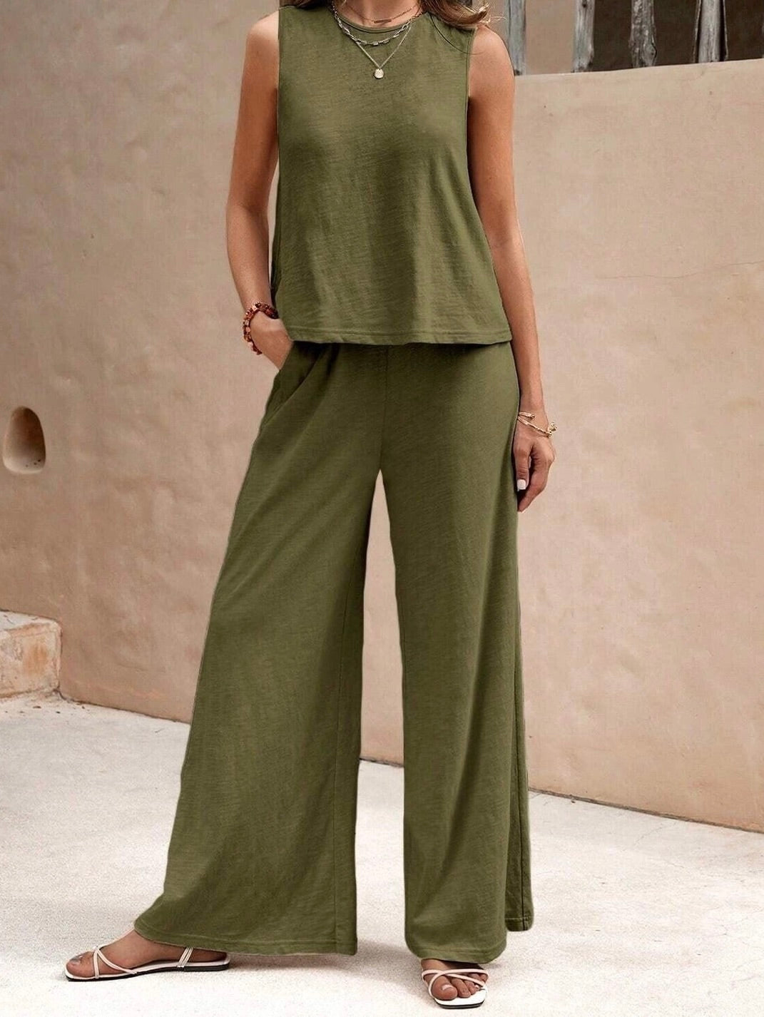 Sweet Karma Solid Color Sleeveless Vest and Pant Set image 2
