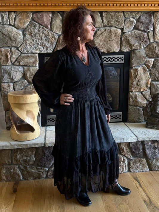 Boho Embroidered Ruffle Maxi Smocked Dress with Sheer Sleeve image 0