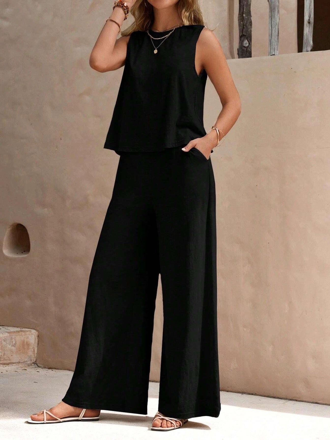 Sweet Karma Solid Color Sleeveless Vest and Pant Set image 0