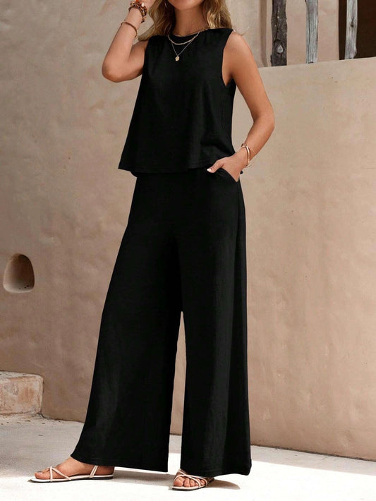 Sweet Karma Solid Color Sleeveless Vest and Pant Set image 0
