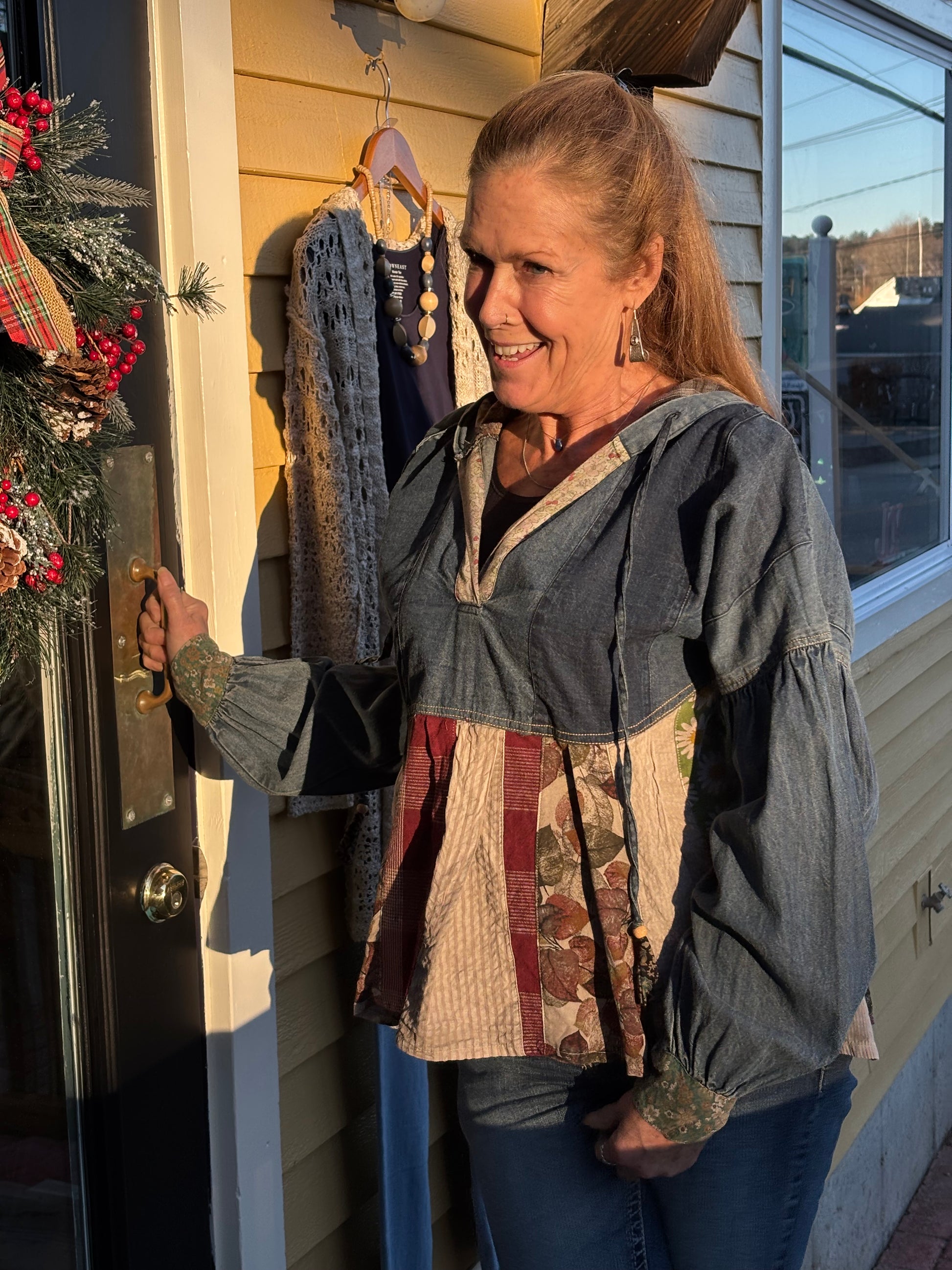 Young Threads Relaxed Waist-Length Denim Hoodie with Eclectic Plaid Fusion image 0