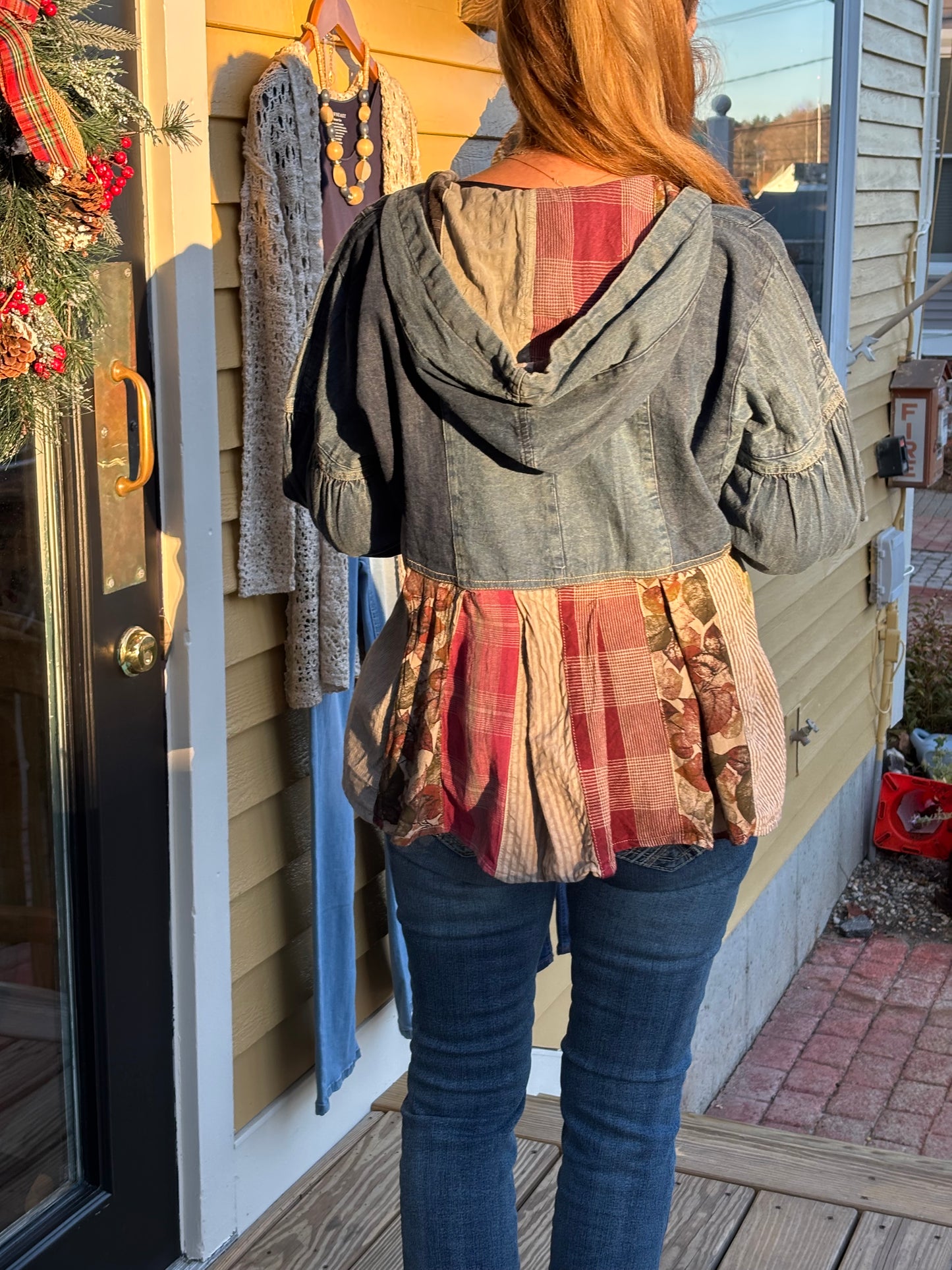 Young Threads Relaxed Waist-Length Denim Hoodie with Eclectic Plaid Fusion image 1