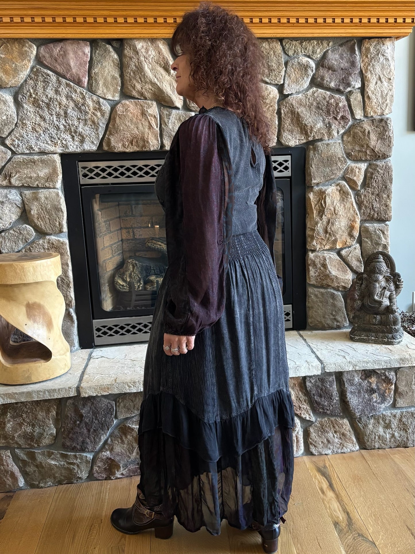 Boho Embroidered Ruffle Maxi Smocked Dress with Sheer Sleeve image 2