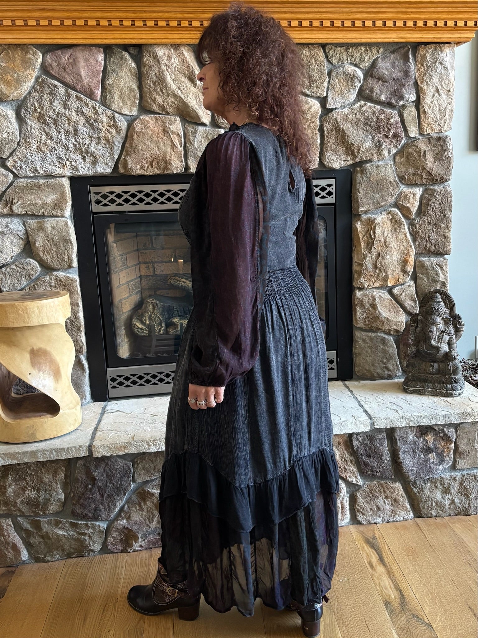 Boho Embroidered Ruffle Maxi Smocked Dress with Sheer Sleeve image 2
