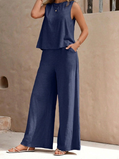 Sweet Karma Solid Color Sleeveless Vest and Pant Set image 1