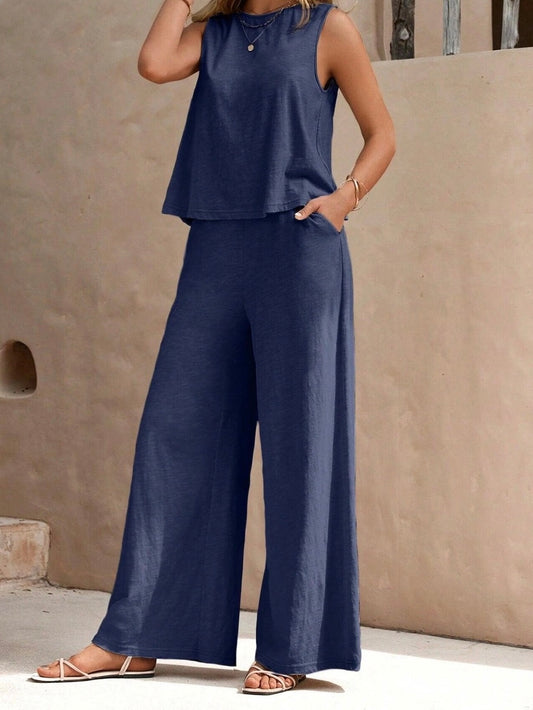 Sweet Karma Solid Color Sleeveless Vest and Pant Set image 1
